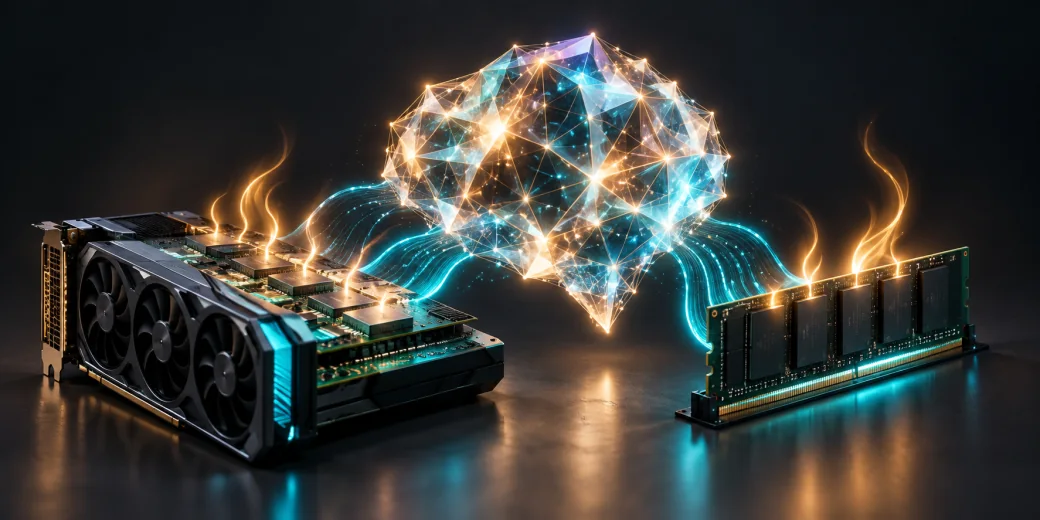 Ilustracja dużego modelu AI rozłożonego między pamięć GPU i RAM, z energetyczną poświatą.